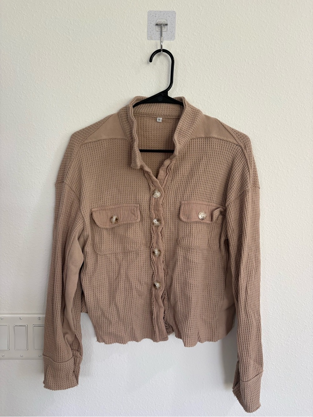 Waffle Knit Button-Front Shirt Jacket in Taupe